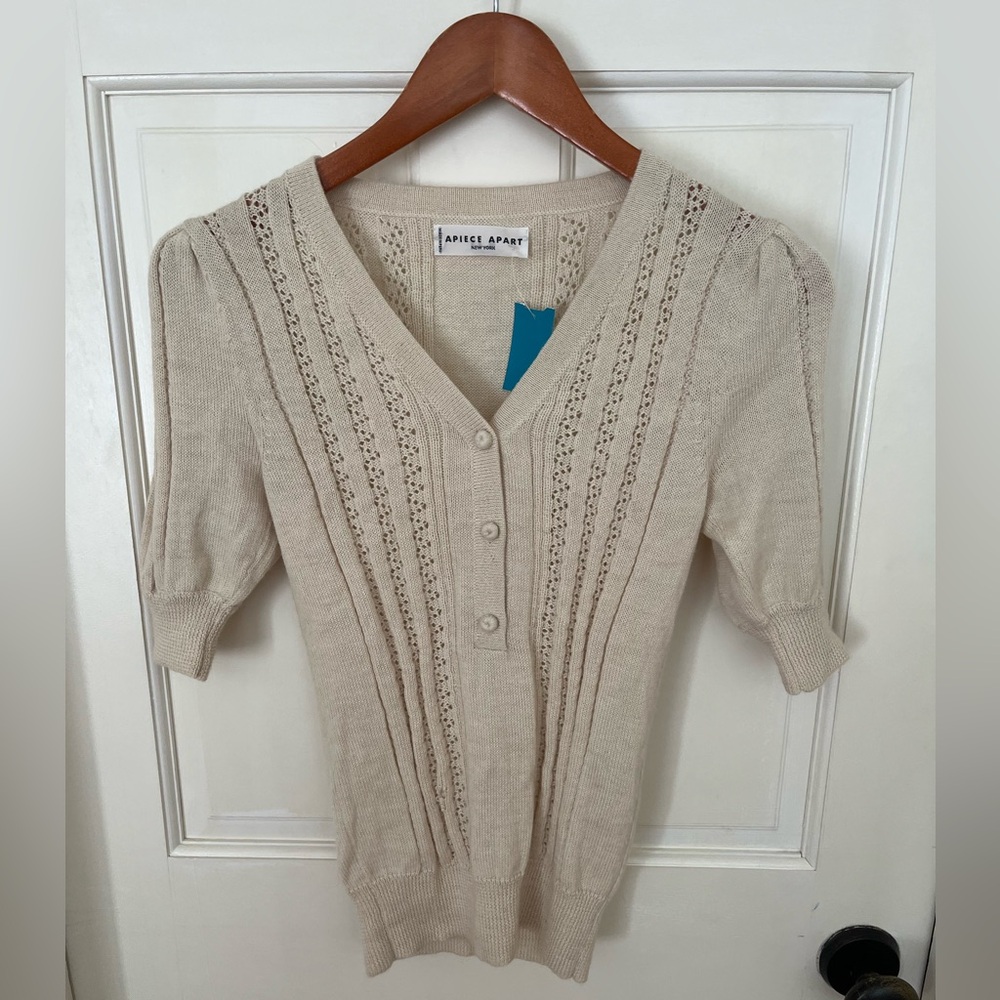 Apiece Apart Merino Short Sleeved Crochet/ Knit Sweater w/covered buttons